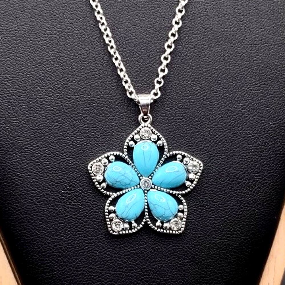 925 Silver Necklace W/ Turquoise Flower White CZ Statement Boho Woman's Gift